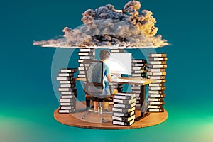 man sitting at pc office workplace on infinite background with huge stacks of document binders and cloud over head workload