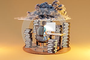 man sitting at pc office workplace on infinite background with huge stacks of document binders and cloud over head workload