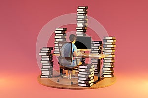 man sitting at pc office workplace on infinite background with stacks of document binders workload stress burnout concept 3D