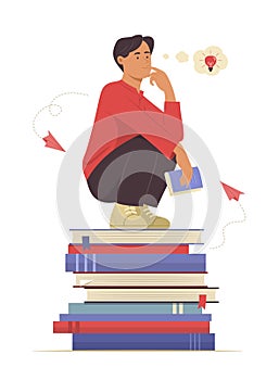 Man Sitting on Pile of Books and Thinking for Reading Concept Illustration