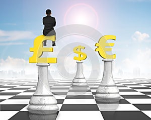 Man sitting on pound symbol of money chess on chessboard