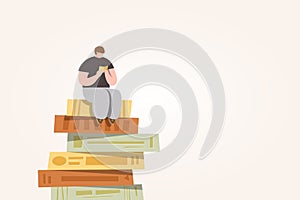 A man sitting and reading a book on stack of books, Pile of books illustration cartoon vector