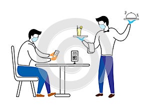 Man sitting in restaurant order using app, waiter serving food & drinks new normal