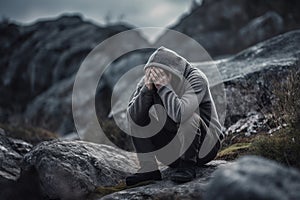 Man Sitting On Rock With His Head Down And Hands Covering His Face, Appearing To Be Feeling Hopeless Or Defeated. Generative AI