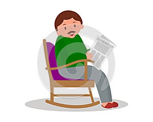 Man sitting in rocking chair. Man leisure time. Youg man reading newspaper. Cute man at home.Vector illustration