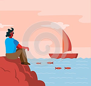 Man sitting at sea shore backside watching ship