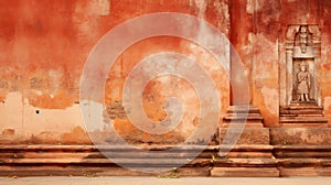 a man sitting on a skateboard in front of an orange wall