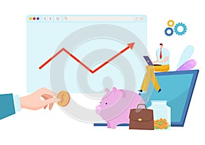 Man sitting on a smartphone screen working on laptop, growth chart and piggy bank. Financial planning and online