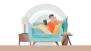 Man sitting on sofa and talking telephone from home during corona virus pandemic quarantine in flat icon design