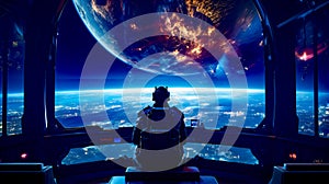 Man sitting in space station looking at view of the earth. Generative AI