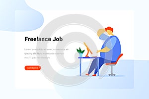 Man sitting at Table with Desktop Computer and Think Flat vector illustration. Landing Page design template