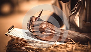 A man sitting at a table, holding a pen, working generated by AI