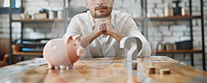 A man sitting at a table with a piggy bank and a thoughtful expression photo