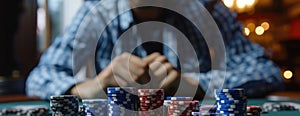 Man Sitting at Table With Stacks of Poker Chips