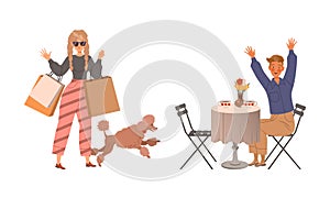 Man Sitting at Table in Street Cafe or Restaurant Greeting Someone and Woman with Dog and Shopping Bags Walking Waving