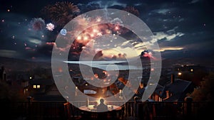 Man sitting at table on terrace, festive landscape at night with fireworks in the sky