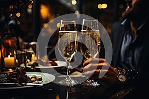 A man sitting at a table with two glasses of wine created with generative AI technology