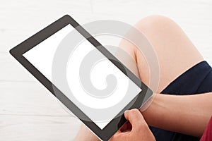 Man sitting with tablet in hands.Top view.Mock up.Copy space.Template.Blank. photo