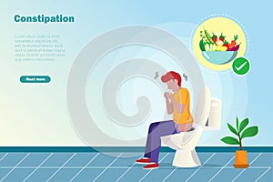 Man sitting at toilet suffering from constipation with health suggestion to eat more fiber fruits
