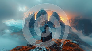 Man Sitting on Top of Fog-Covered Mountain