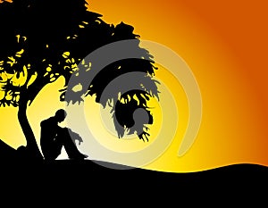 Man Sitting Under Tree Sunset