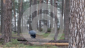 A man sitting under an umbrella on a broken tree after a bombing. The war in Ukraine. Chernigov.