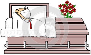 Man sitting up in his casket wearing a face mask