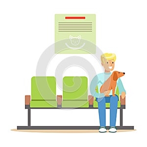 Man sitting in waiting hall with his pet dog and expecting for visiting a doctor. Colorful cartoon character