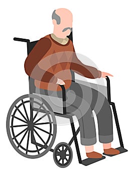 Man sitting in wheel chair. Disabled senior on walk