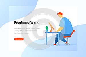 Man sitting and working with Notebook Laptop Computer Flat vector illustration. Freelance Business Landing Page design template