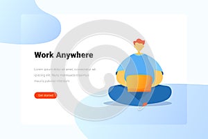 Man Sitting and working with Notebook Laptop in Yoga Lotus Pose Flat vector illustration. Landing Page design template