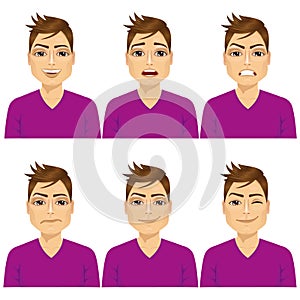 Man on six different face expressions set