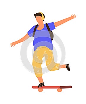 Man on skateboard. Cartoon boy riding board. Young male listening to music with headphones. Teenager balancing on