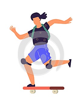 Man on skateboard. Cartoon teenager riding board. Boy speeding on longboard. Extreme urban sport. Young skateboarder in