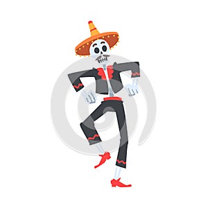 Man Skeleton in Mexican Traditional Costume and Sombrero Hat Dancing, Dia de Muertos, Day of the Dead Cartoon Style