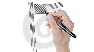 Man sketching United states of America Flag on whiteboard background.