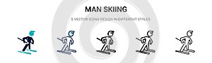 Man skiing icon in filled, thin line, outline and stroke style. Vector illustration of two colored and black man skiing vector
