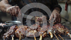 A man skillfully carving succulent pieces of meat from a roasted sheep the main dish for Eid alAdha feasts photo