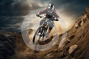 A man skillfully maneuvers his dirt bike on the peak of a majestic mountain., Mountain bike rider riding a bicycle off-road over