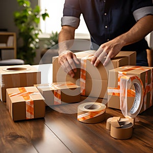 man skillfully packs and boxes of tapes on the table