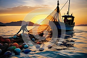 A man skillfully pulls in a fishing net from a boat on the open sea, hoping for a bountiful catch