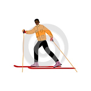 Man on Skis, Male African American Athlete Character Skiing, Winter Sport, Active Healthy Lifestyle Vector Illustration