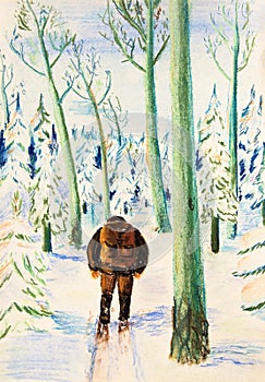 A man on skis walking through the winter forest.