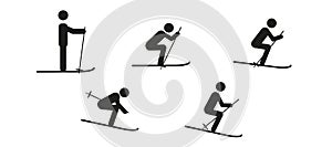 man on skis, winter sport, a set of human figures in different poses on skis