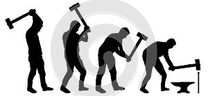 Man with sledgehammer in his hands. Human hits anvil with a hammer. Silhouette vector set