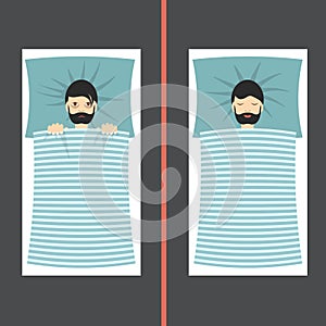 Man with sleep problems and insomnia symptoms versus good sleep man