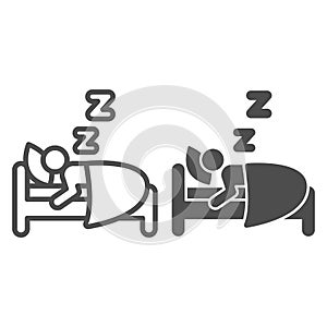 Man sleeping in bed line and solid icon, Diet concept, Sleeping person sign on white background, healthy sleep icon in