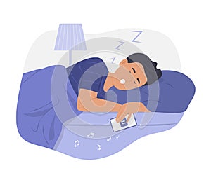 Man Sleeping in Bed with Mobile Phone in Hand and Snoring at Night