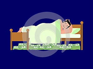 Man is sleeping on bed. Money Under bed, . Wealth. lot of cash. L