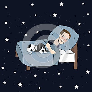 Man sleeping in bed pillow together with puppies dreaming in blue stars